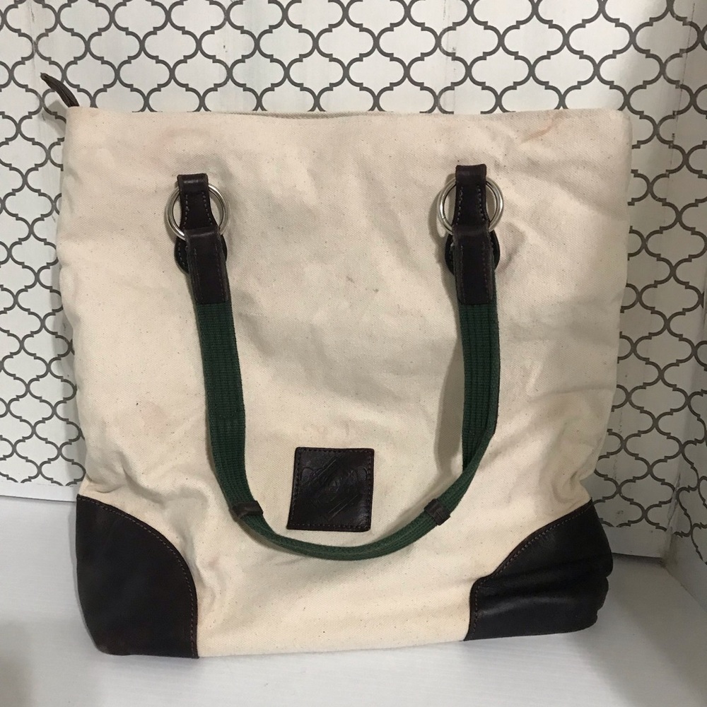 Rebecca Ray Canvas Tote with Green Straps and Dark Brown Leather Trim